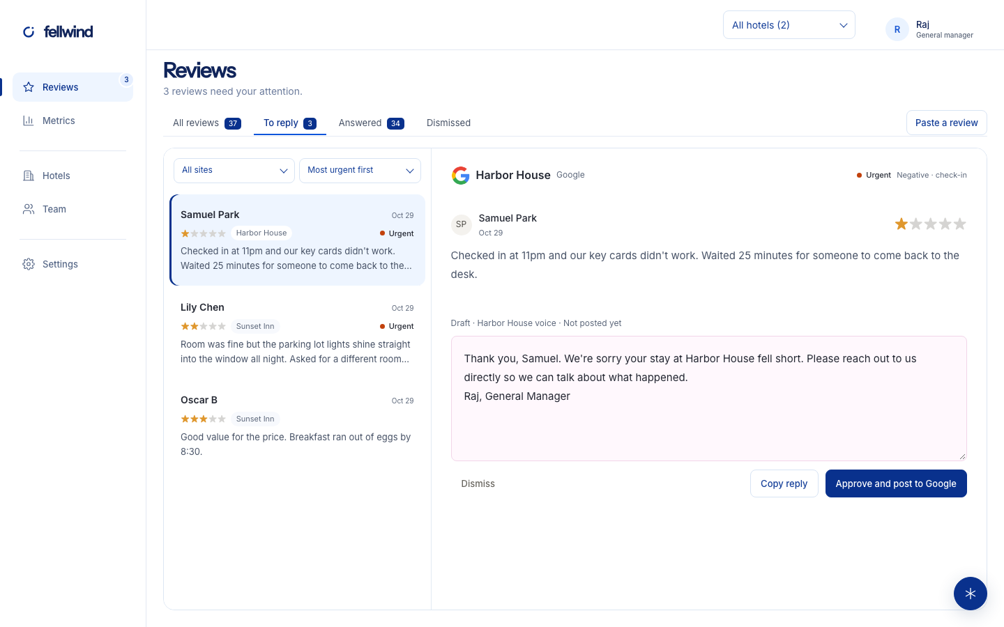 Fellwind reviews inbox with a selected guest review and reply draft