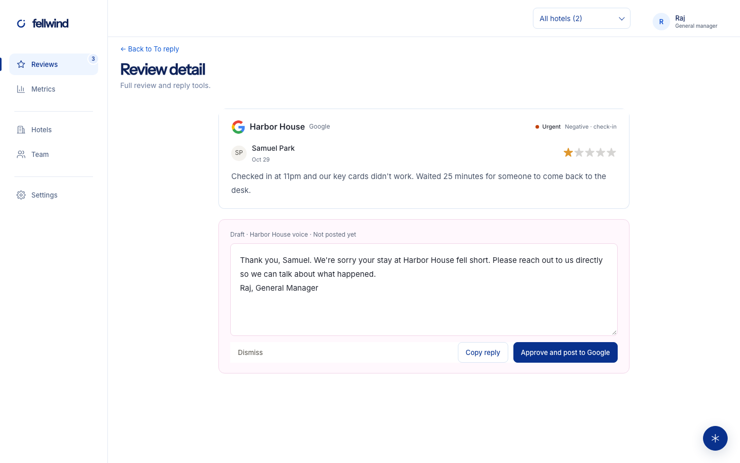 Review detail with a personalized reply ready to edit